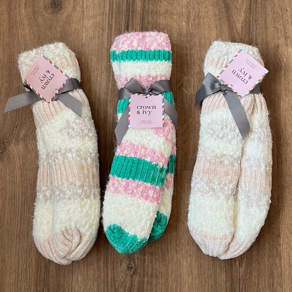 NEW Crown & Ivy Cozy Striped Sherpa Slipper Socks Bundle
